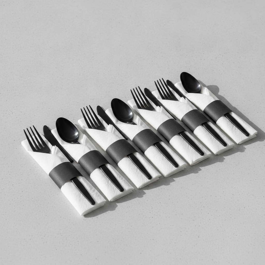 Row of black and white pre-rolled cutlery bundles ready for a party
