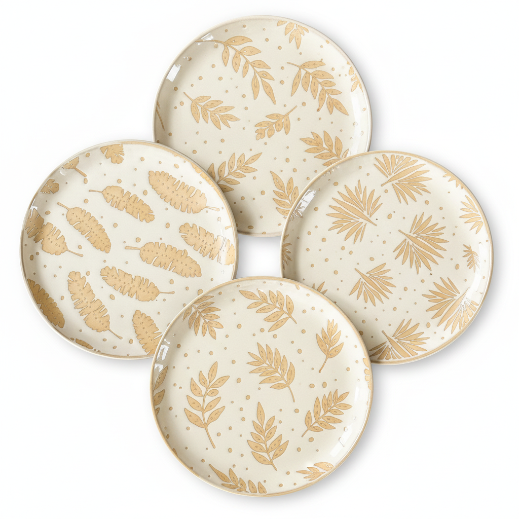 Set of four creamy beige botanical leaf ceramic plates on white
