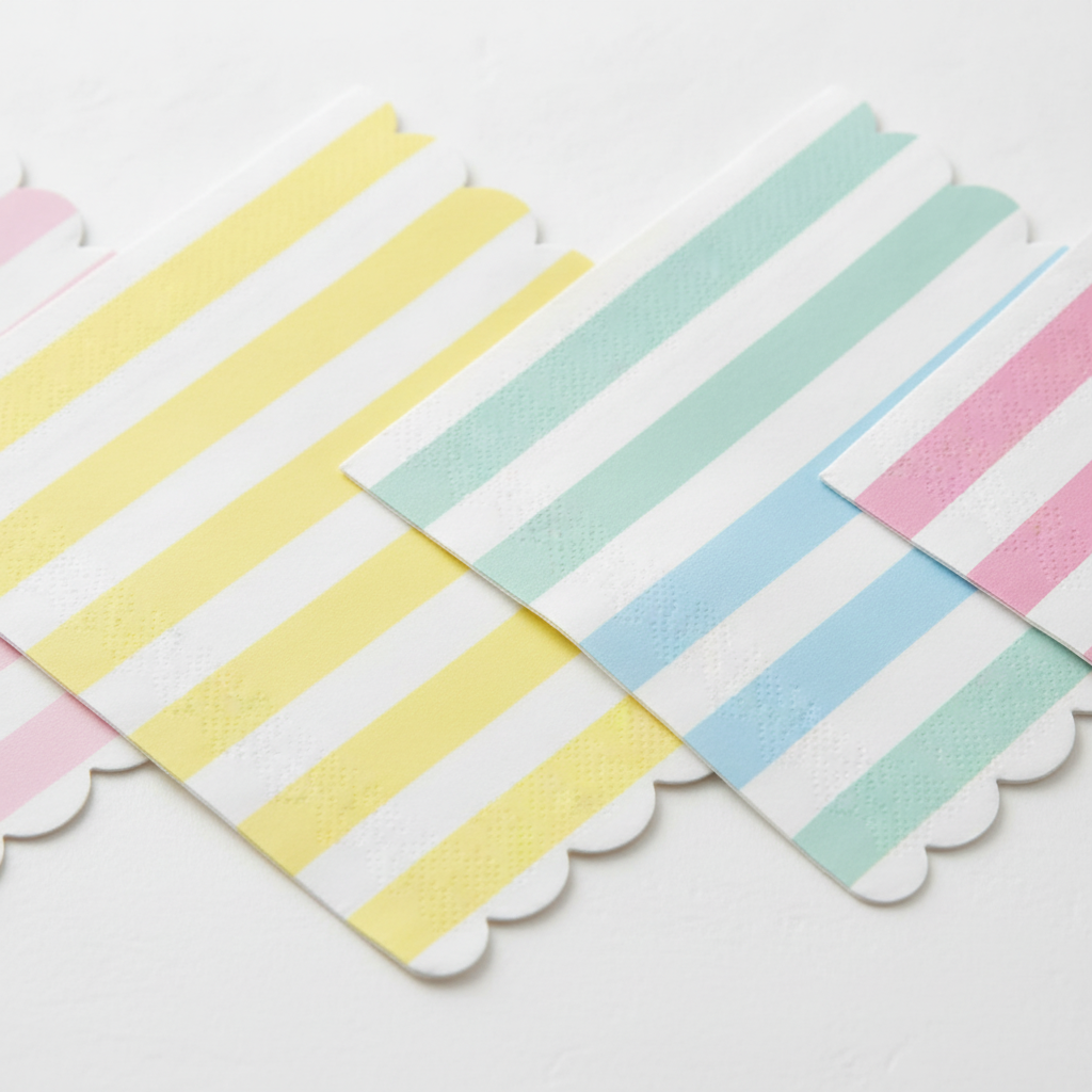 Close-up of bold pastel stripes and scalloped edges on matte paper napkins