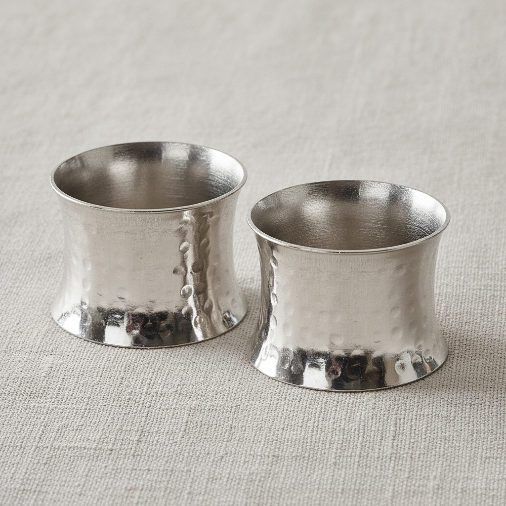 Close-up of hammered silver beaded napkin rings showing the dimpled metal texture