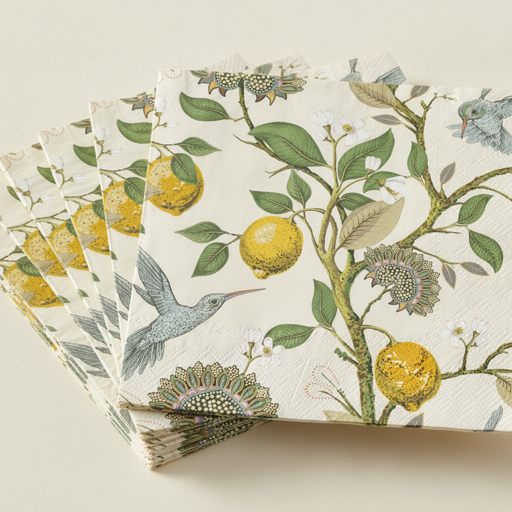 Close-up of the retro lemon and hummingbird print on matte paper napkins