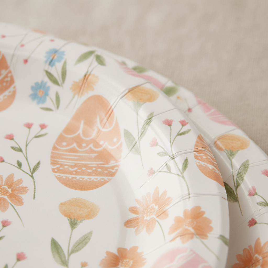 Close-up of pastel Easter egg and floral print on disposable paper plate