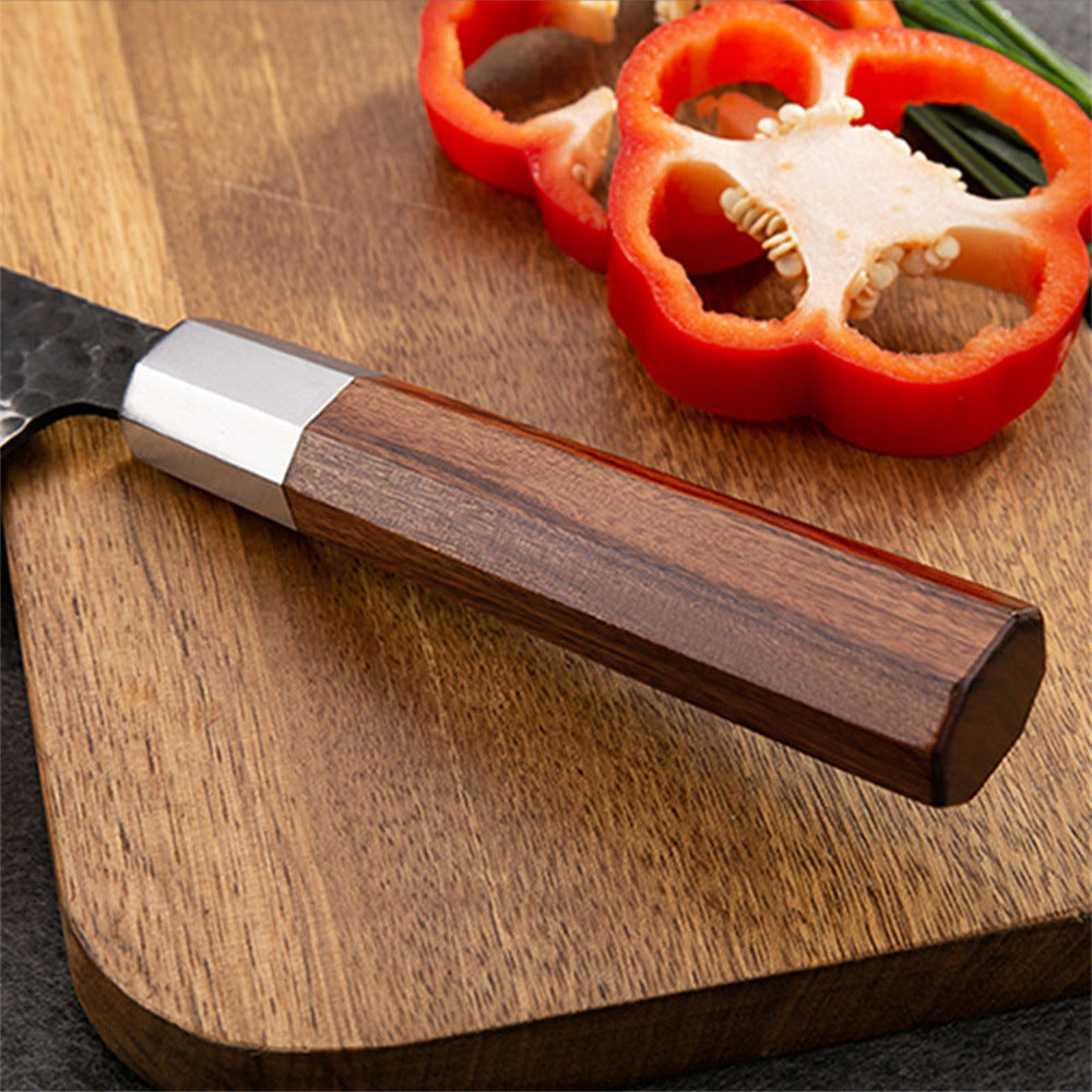Hand-Forged Hammered Steel Kitchen Knife with Octagonal Walnut Handle