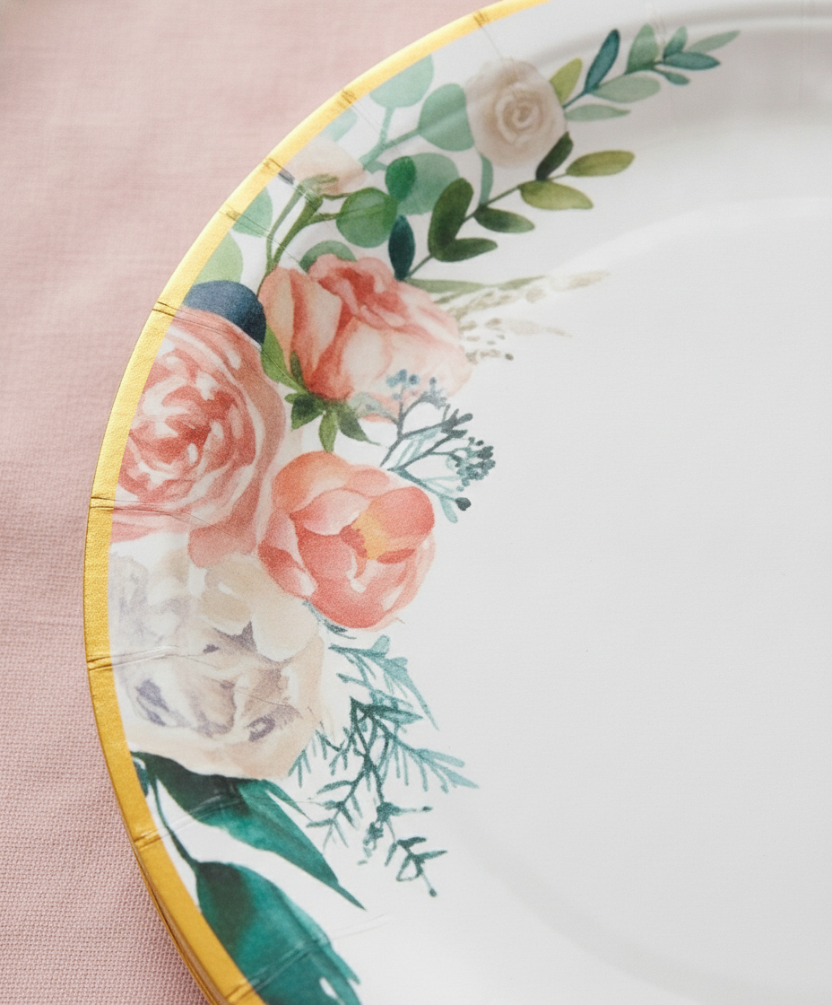 Macro close-up of peach watercolor floral spray and gold rim on matte disposable paper party plate
