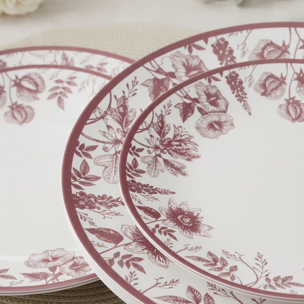 Close-up of pink floral toile border on disposable plates