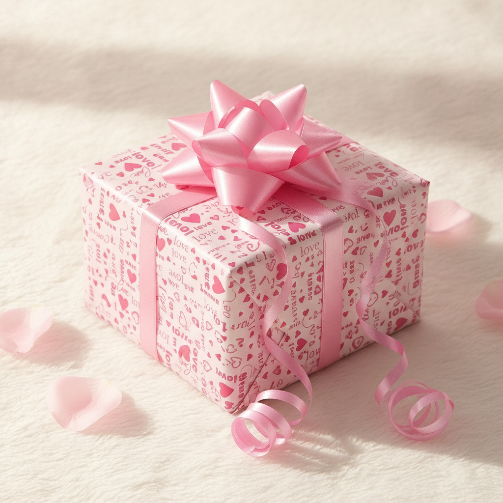 Gift wrapped in pink heart-and-love print paper finished with a pink pull bow
