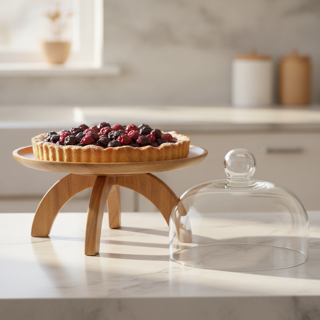 Acacia wood cake stand with glass dome lifted off, holding a rustic tart