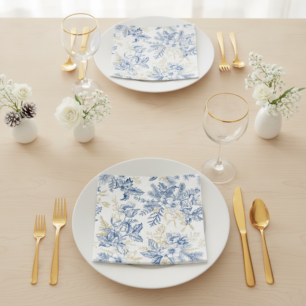 Elegant blue gold and white tablescape with floral paper napkins