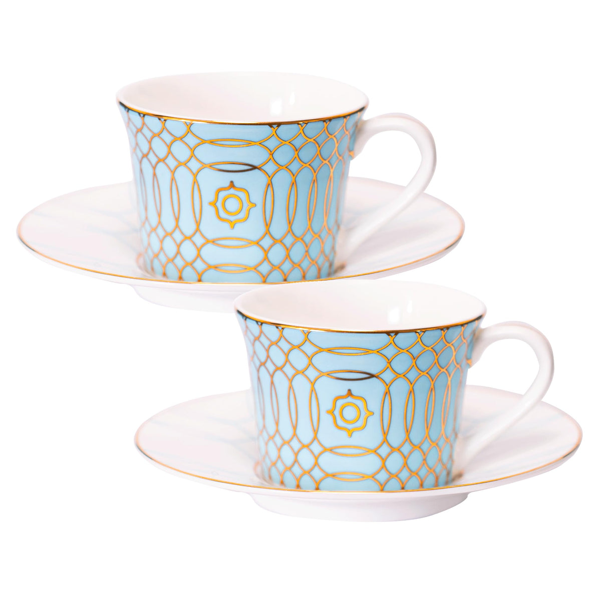 Sapphire Porcelain Tea Cups and Saucers with Gold Trim, 7 oz