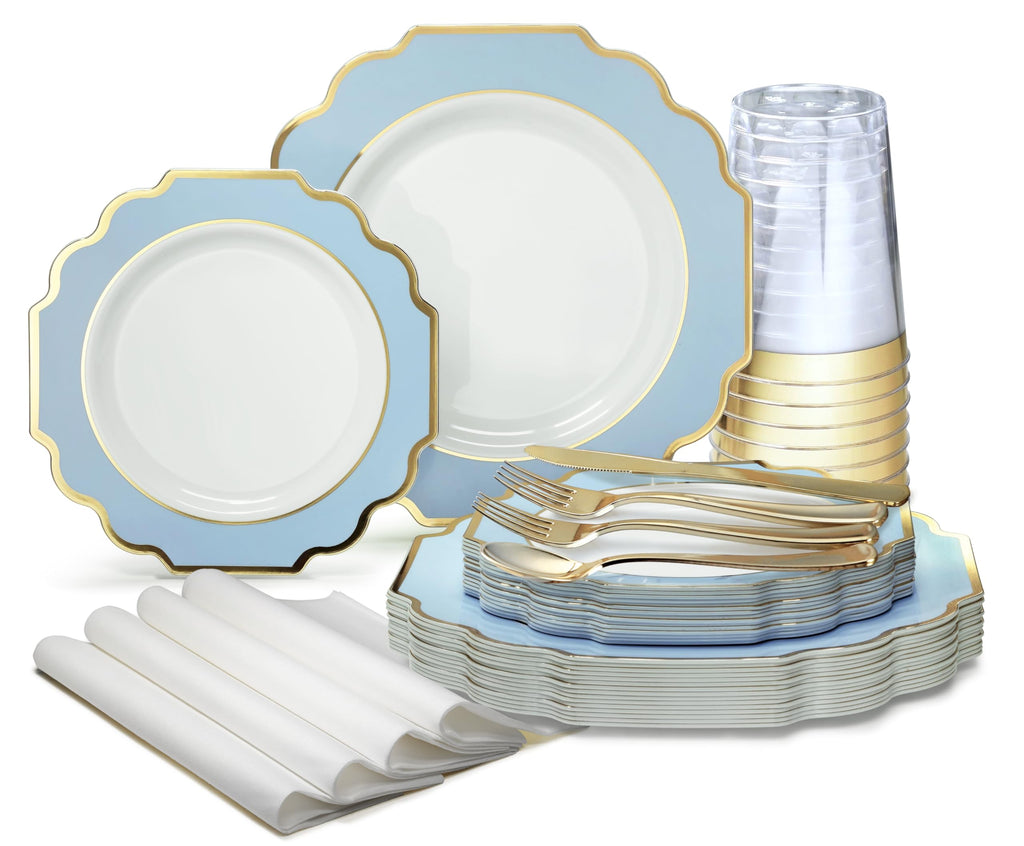 White, Blue & Gold Heavyweight Plastic Party Set, 320 pc — view 1