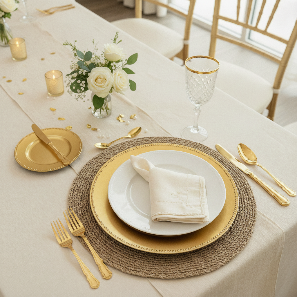 Gold charger plate place setting with white plate and napkin in gold ring