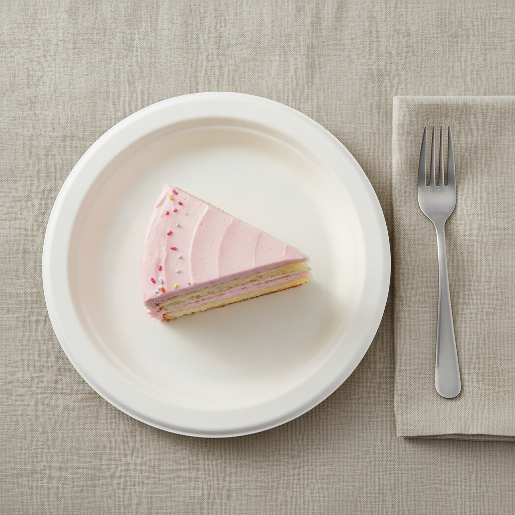 White compostable bagasse plate holding a slice of cake with a fork and napkin at a place setting