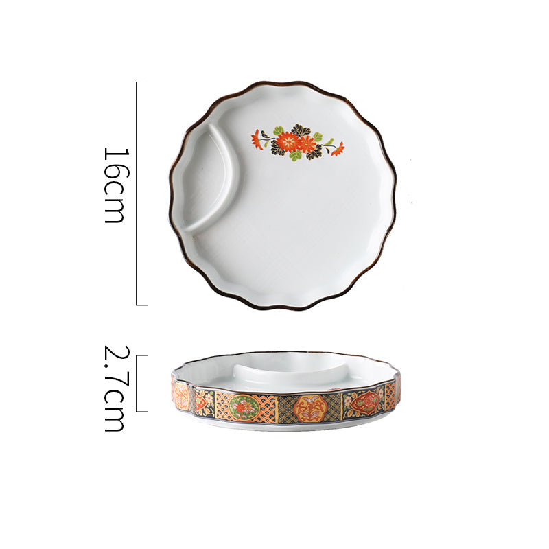 Real product photo showing the six hand-painted ceramic plate designs and sizes