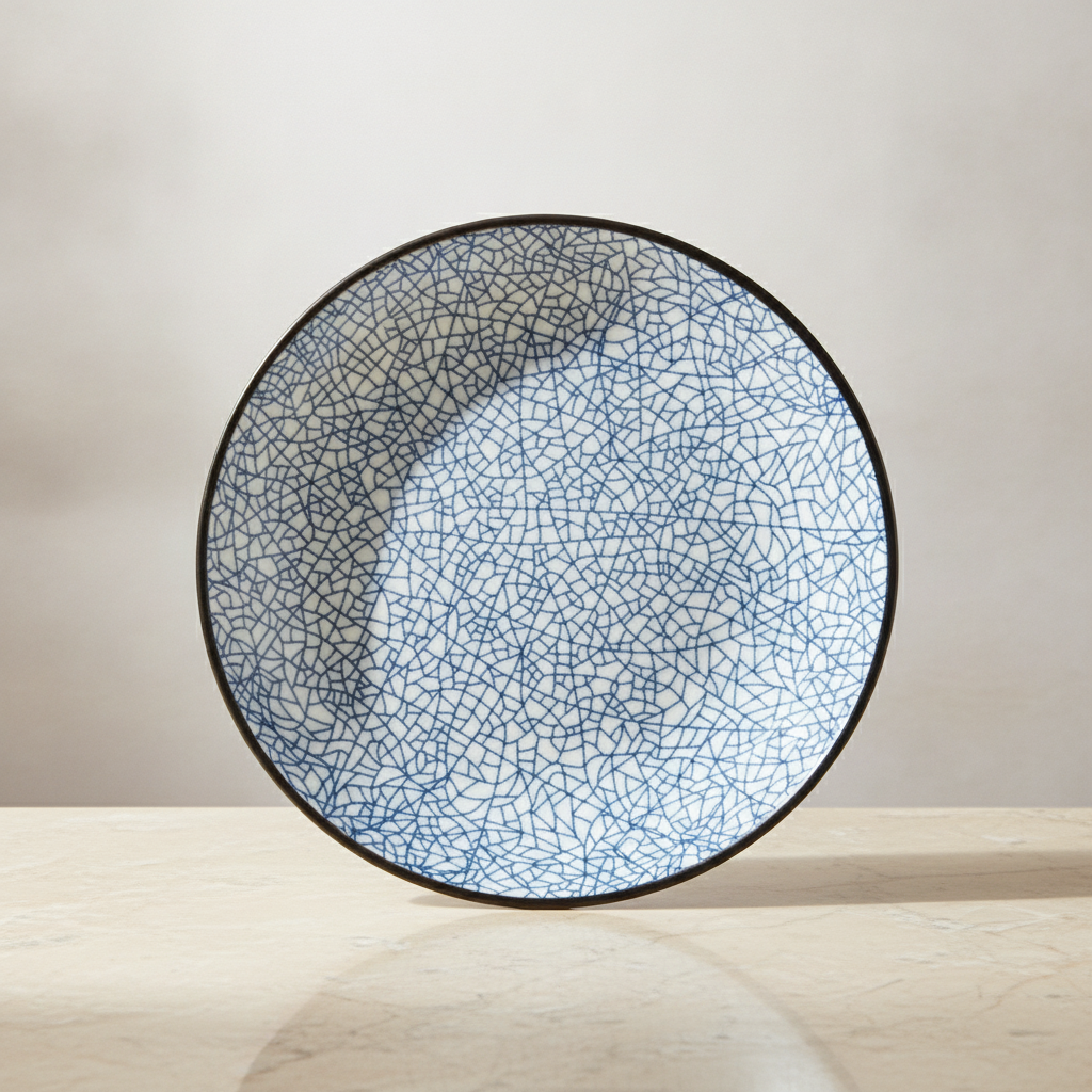 Japanese underglaze porcelain plate with blue ice-crack pattern and dark rim