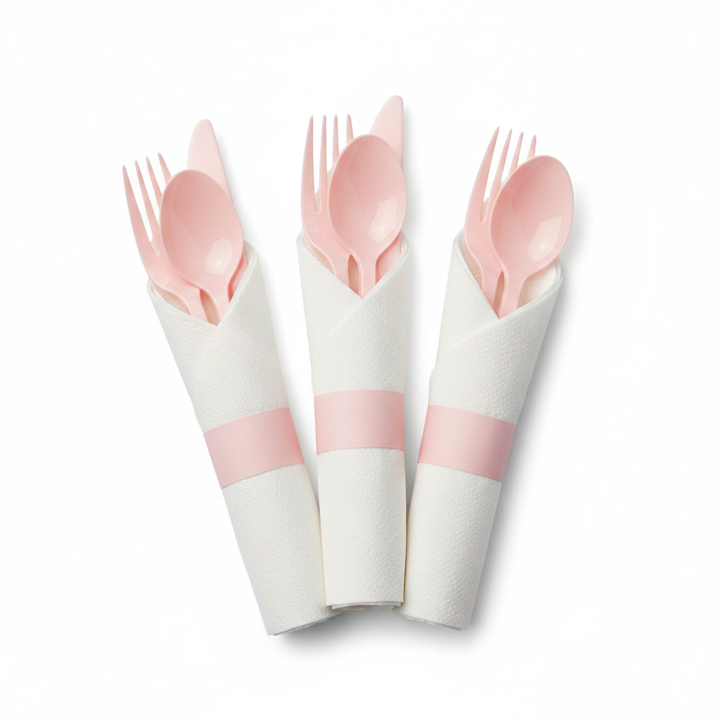 Pre-rolled pink plastic cutlery wrapped in white napkins fanned on white