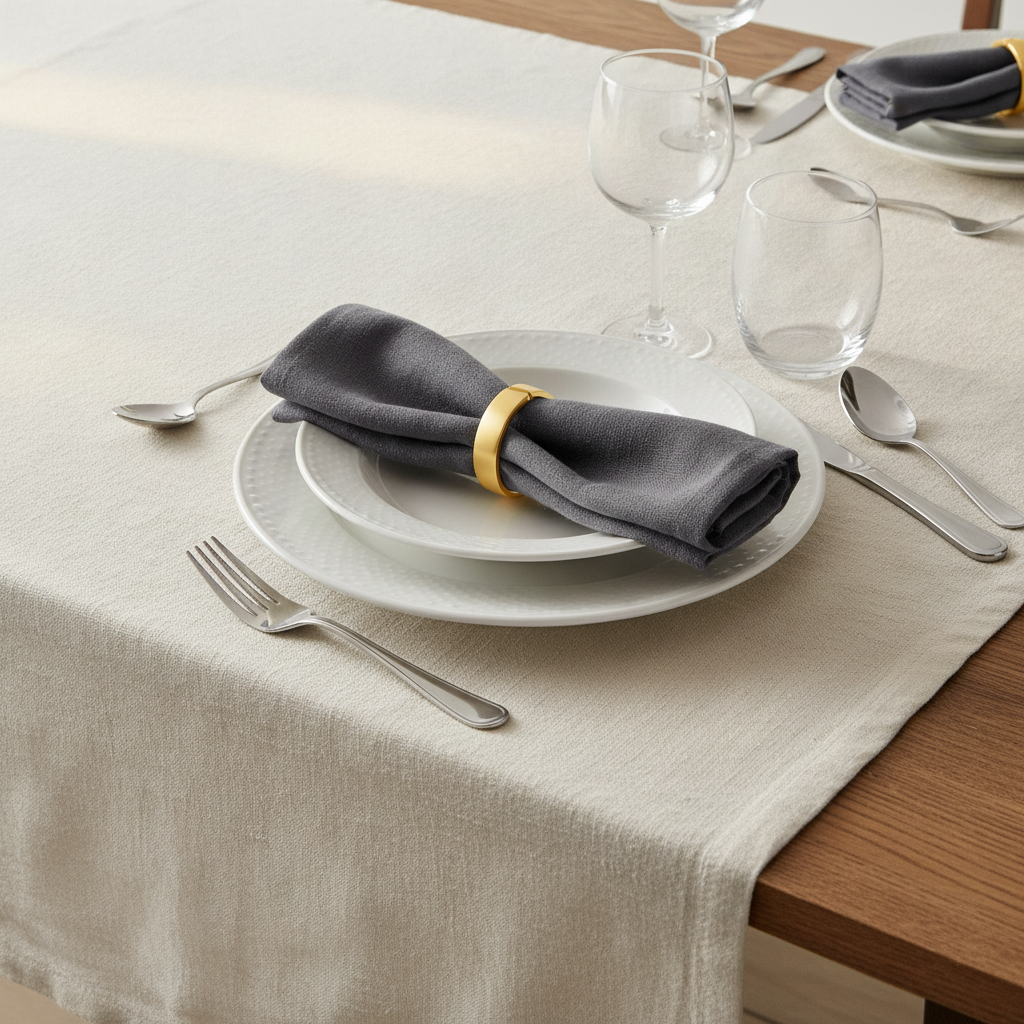 Gold metal napkin ring holding a folded napkin in an elegant place setting