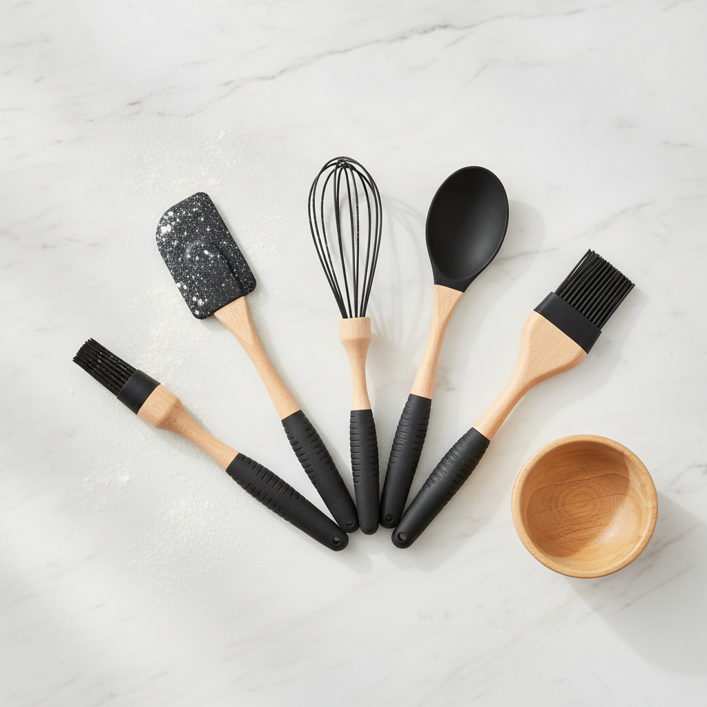 Overhead flat-lay of black silicone and beechwood baking utensil set with flour