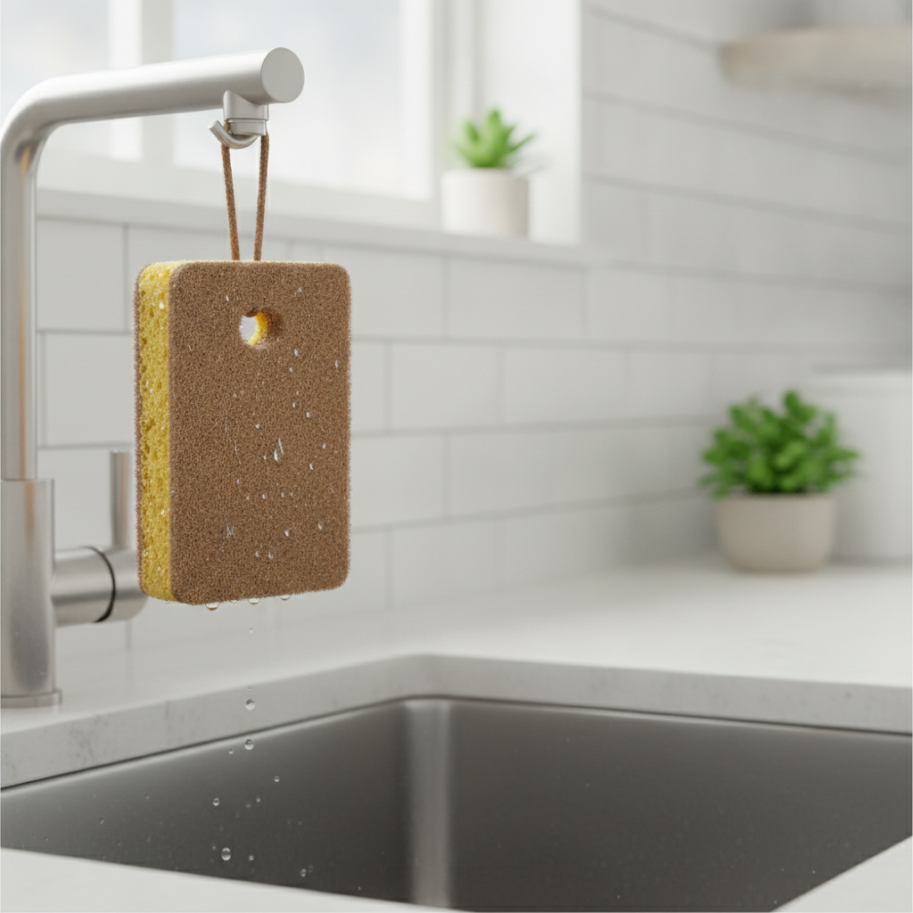 Natural dish sponge hung to dry by its corner hole beside a kitchen sink
