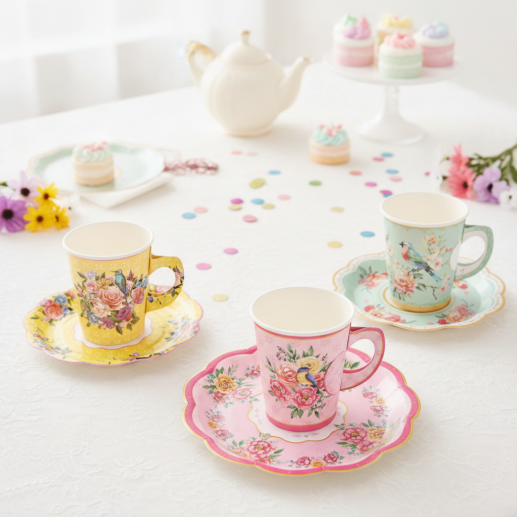 Vibrant styled tea party table with mixed color floral disposable paper cups and plates