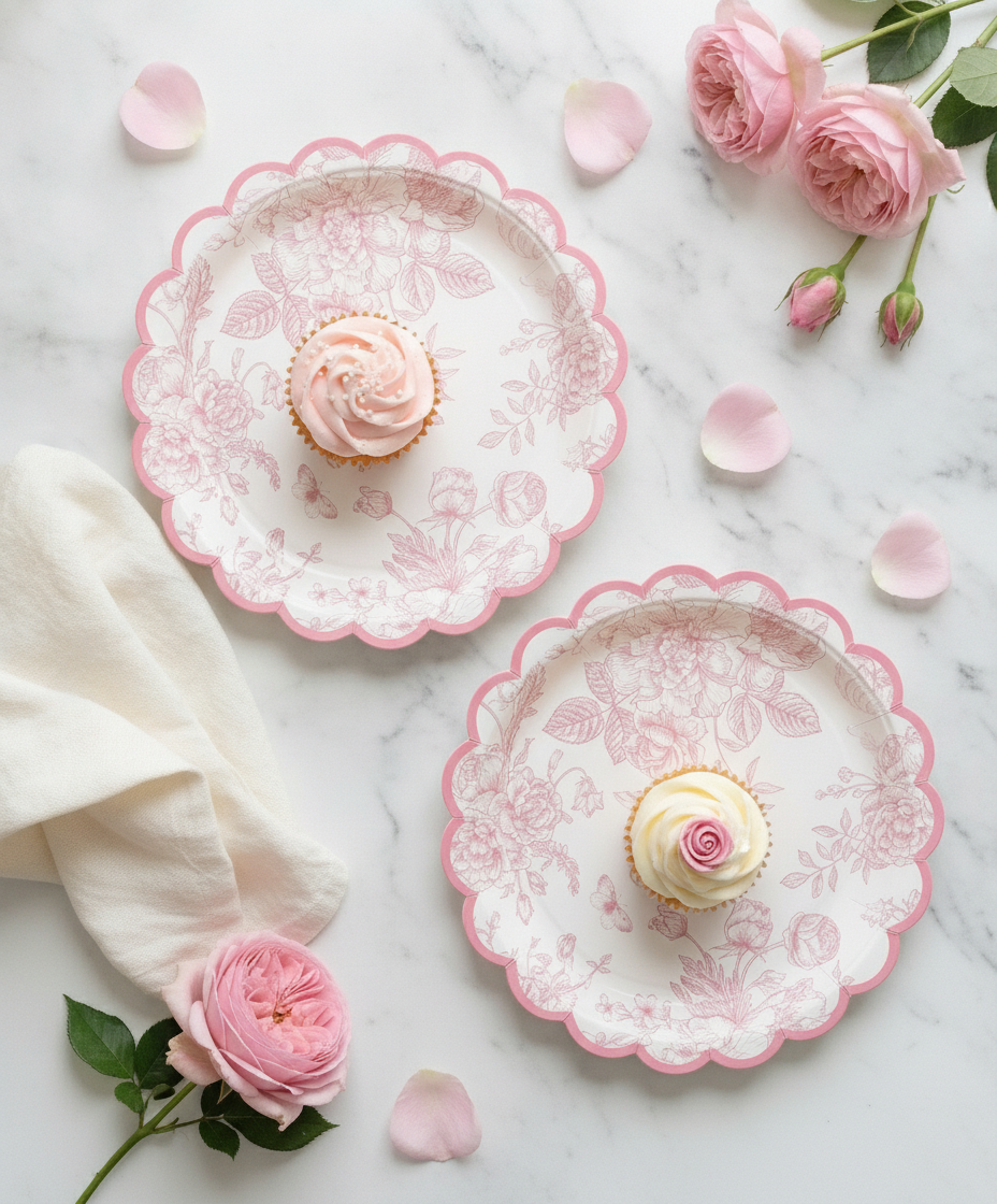 Overhead flat-lay of pink floral disposable paper plates with cupcakes on marble for a baby shower