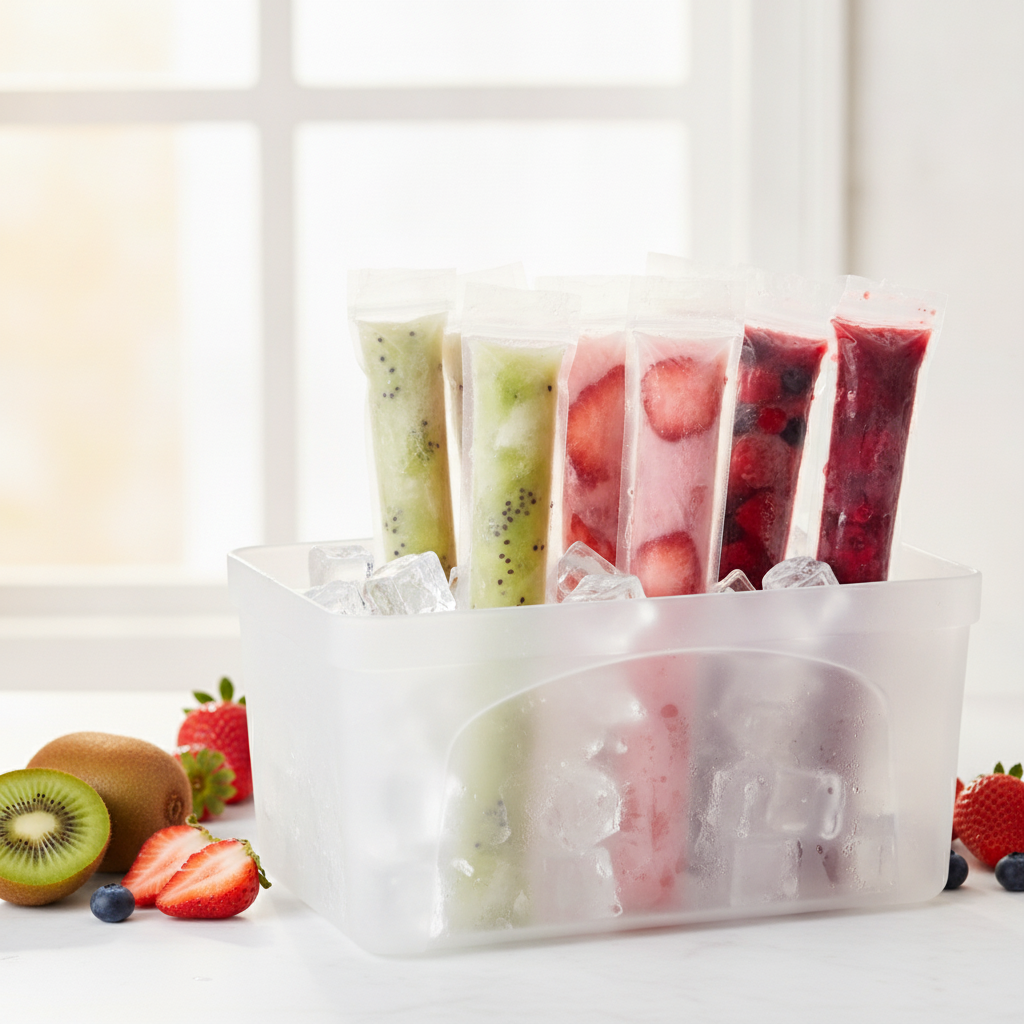 Clear popsicle mold bags filled with fruit ice-pops standing in a freezer tray with ice
