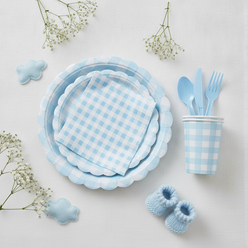 Blue gingham party table flat-lay with layered paper plates, napkin and cutlery