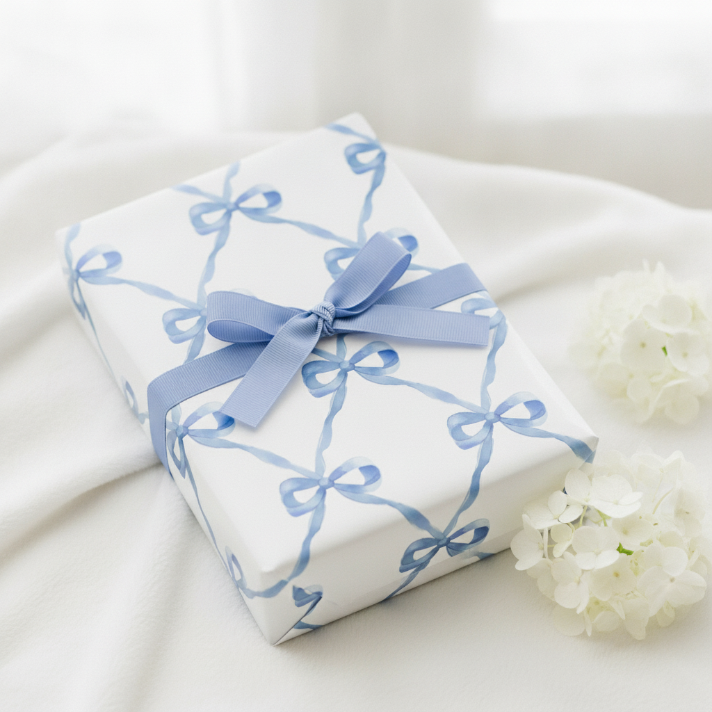 Gift wrapped in blue bow lattice wrapping paper with blue satin bow and hydrangea
