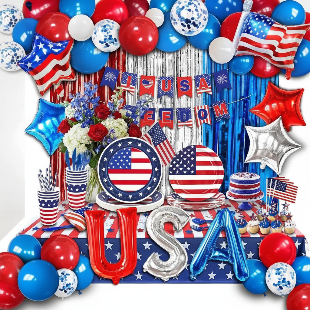 Red white and blue 4th of July balloon arch with star foil balloons and patriotic fringe decor