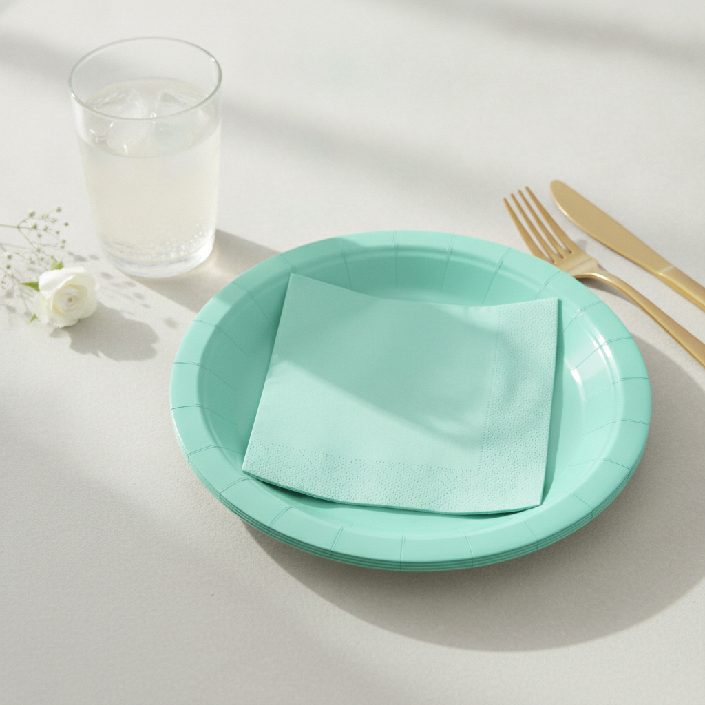 Mint green paper dessert plate with folded matching napkin and gold flatware at a place setting