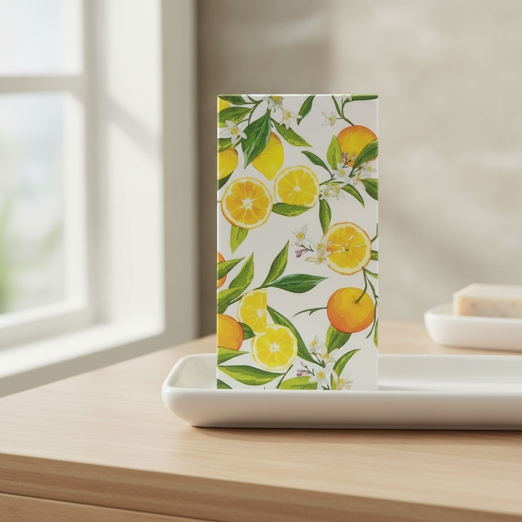 Lemon print guest paper napkin folded on a tray on a summer vanity