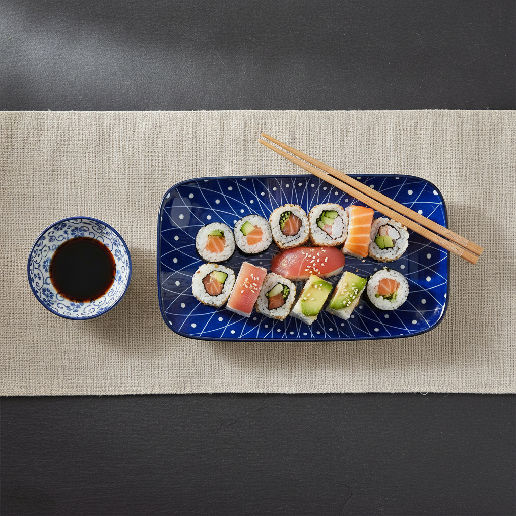 Rectangular blue and white ceramic plate holding sushi rolls with chopsticks