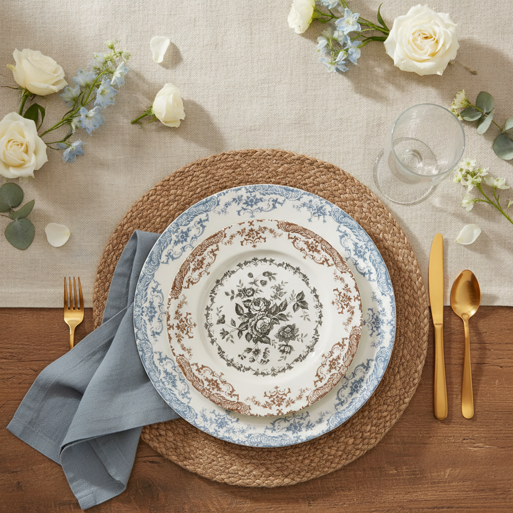 Multicolor porcelain salad plate place setting on an everyday-elegant tablescape