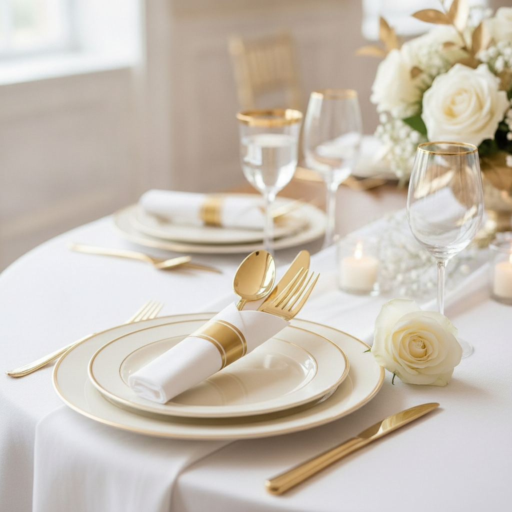 Single pre-rolled gold cutlery and white napkin set on an ivory gold-rimmed plate wedding setting