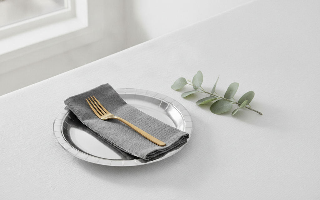 Single place setting with a smooth silver paper plate, grey napkin and gold fork