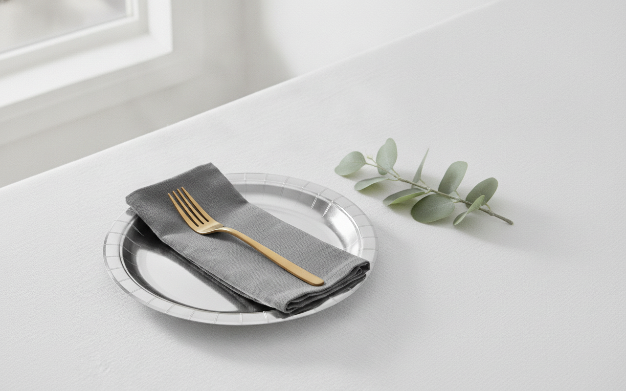 Single place setting with a smooth silver paper plate, grey napkin and gold fork