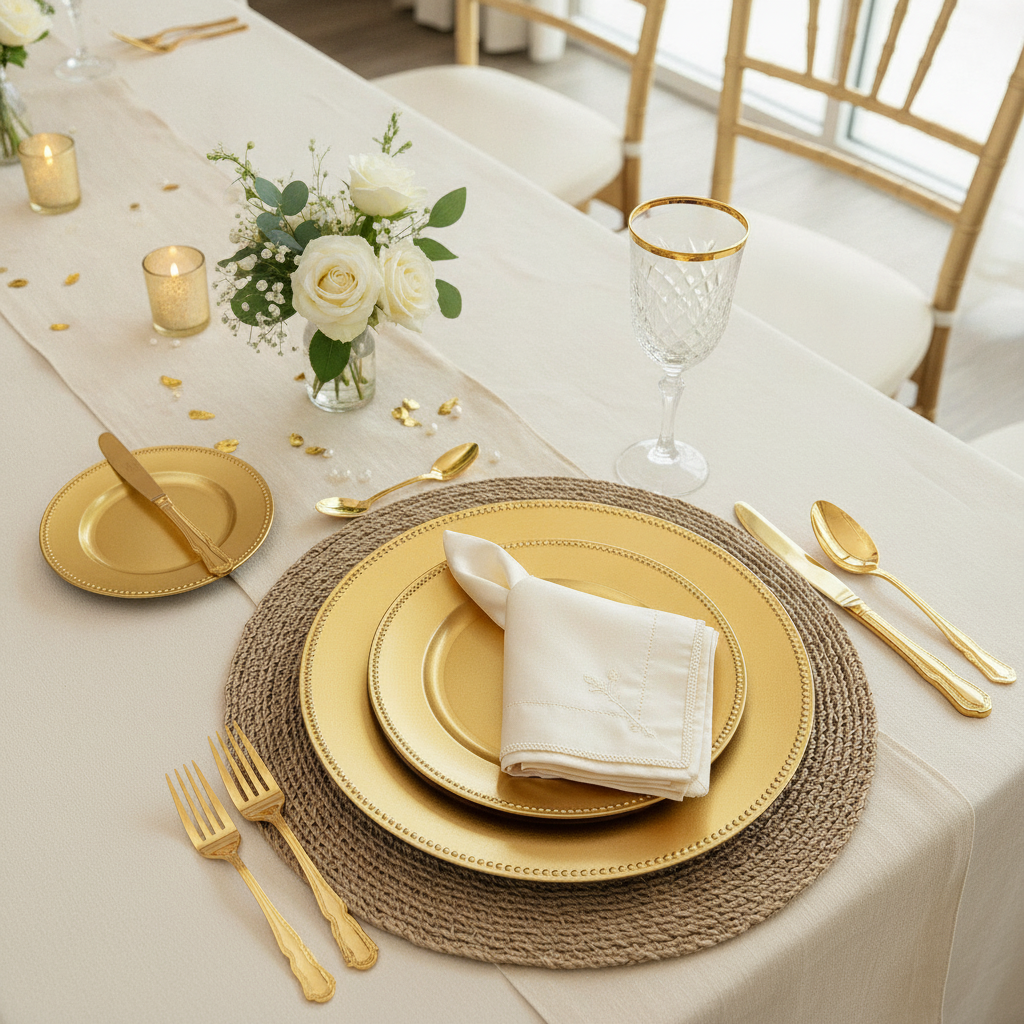 Gold charger plates with napkin in a ring in a formal wedding banquet place setting with gold cutlery, woven placemat, goblet and white roses