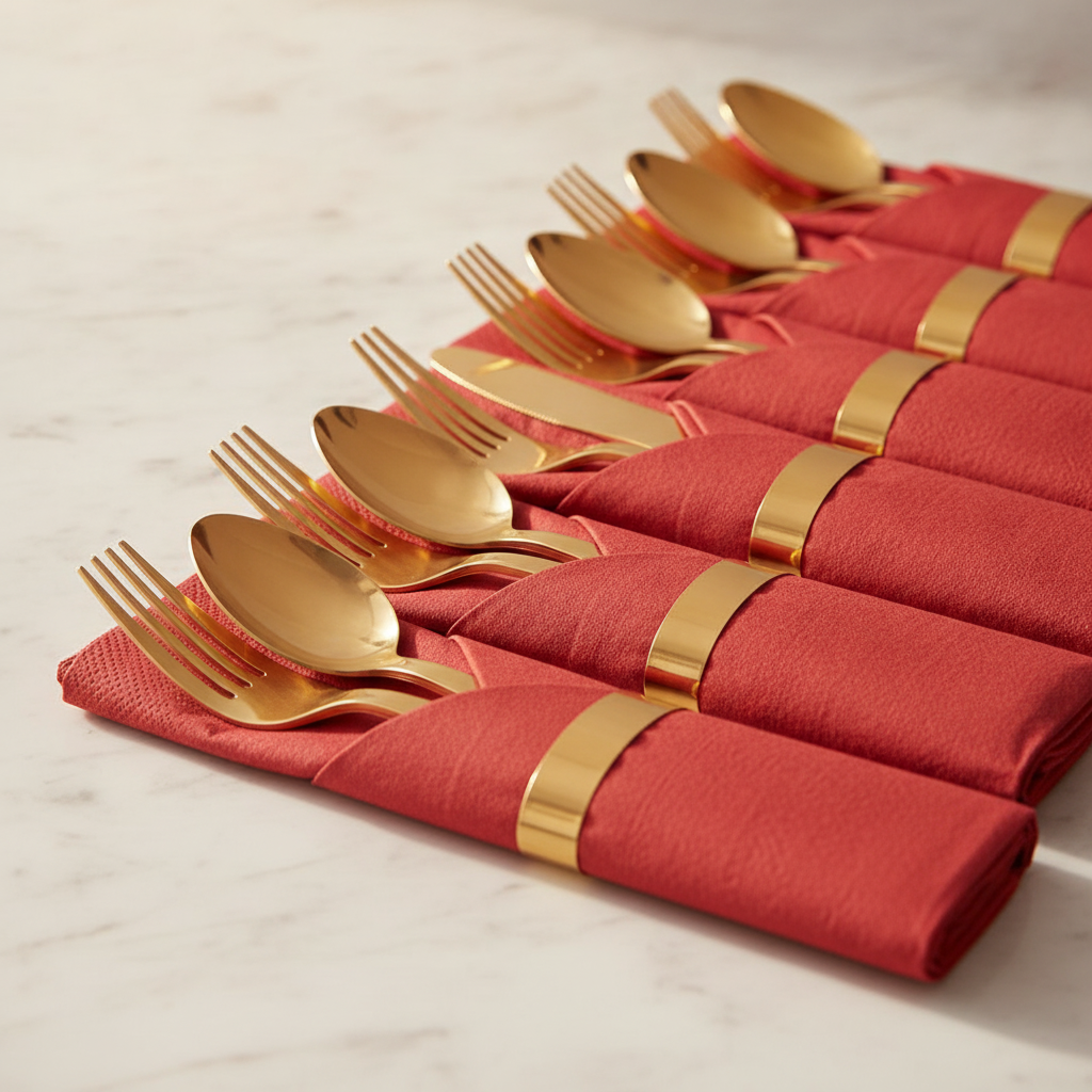 Row of gold and red pre-rolled cutlery bundles ready for a large event