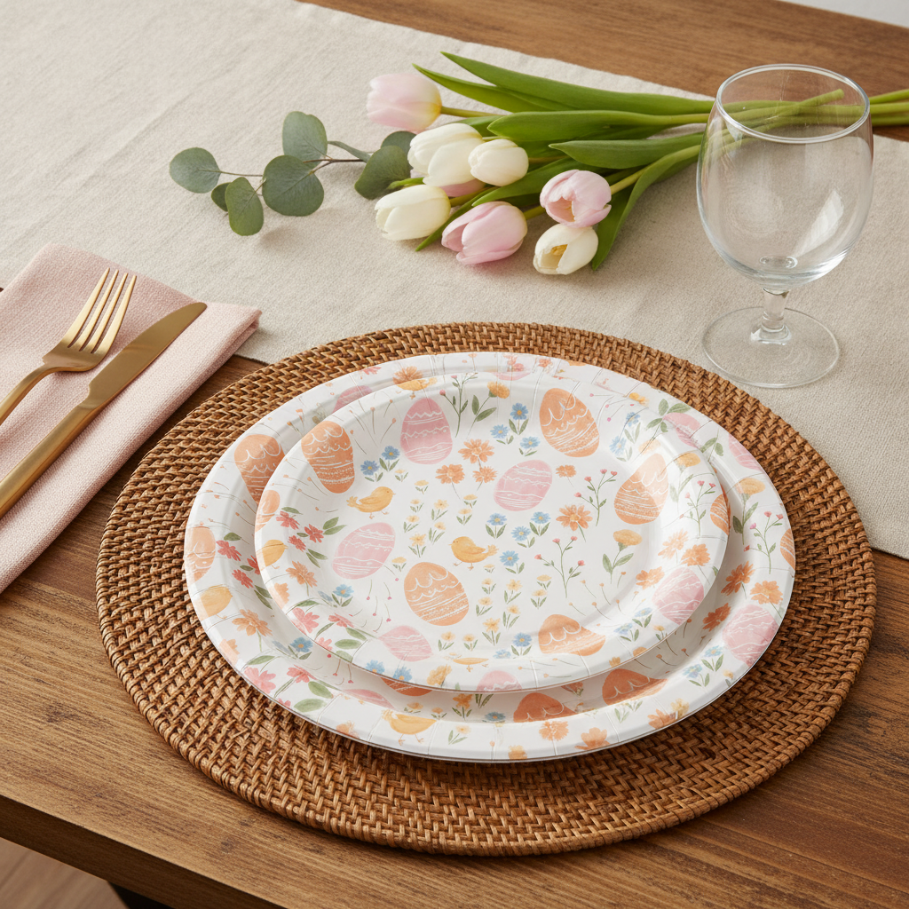 Easter chick and floral disposable paper party plates styled on a rattan placemat with gold flatware and spring tulips