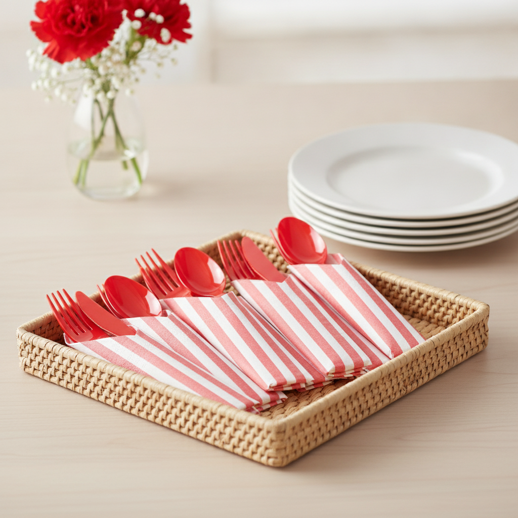 Woven tray of red pre-rolled cutlery bundles on a party buffet table