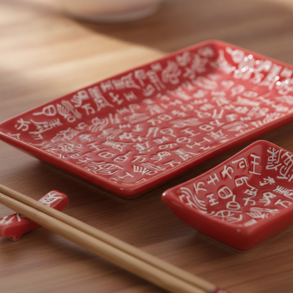 Close-up of the glossy red glaze and raised white character relief on the Vermiglio sushi tray