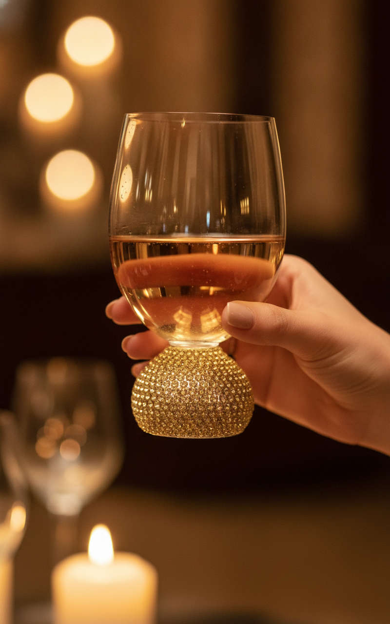 Hand raising the stemless amber crystal glass with a gold rhinestone ball base for a toast at a candlelit luxury venue