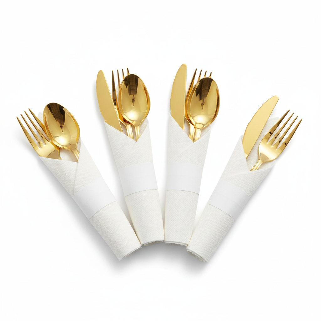 Pre-rolled gold plastic cutlery wrapped in white napkins fanned on white