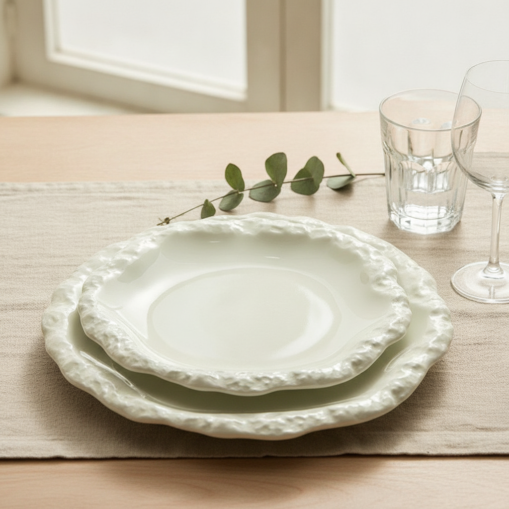Crosta pinched-rim ceramic dinner plates styled and stacked in a neutral tablescape