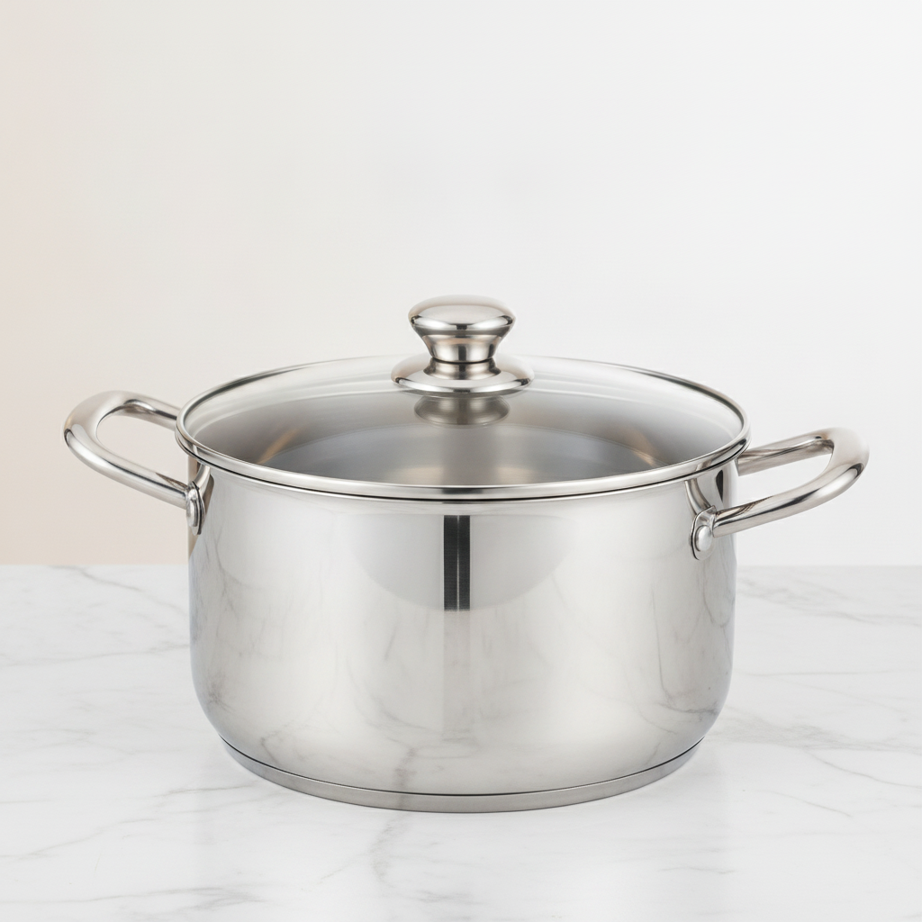 Polished 304 stainless steel stockpot with glass lid on a marble countertop