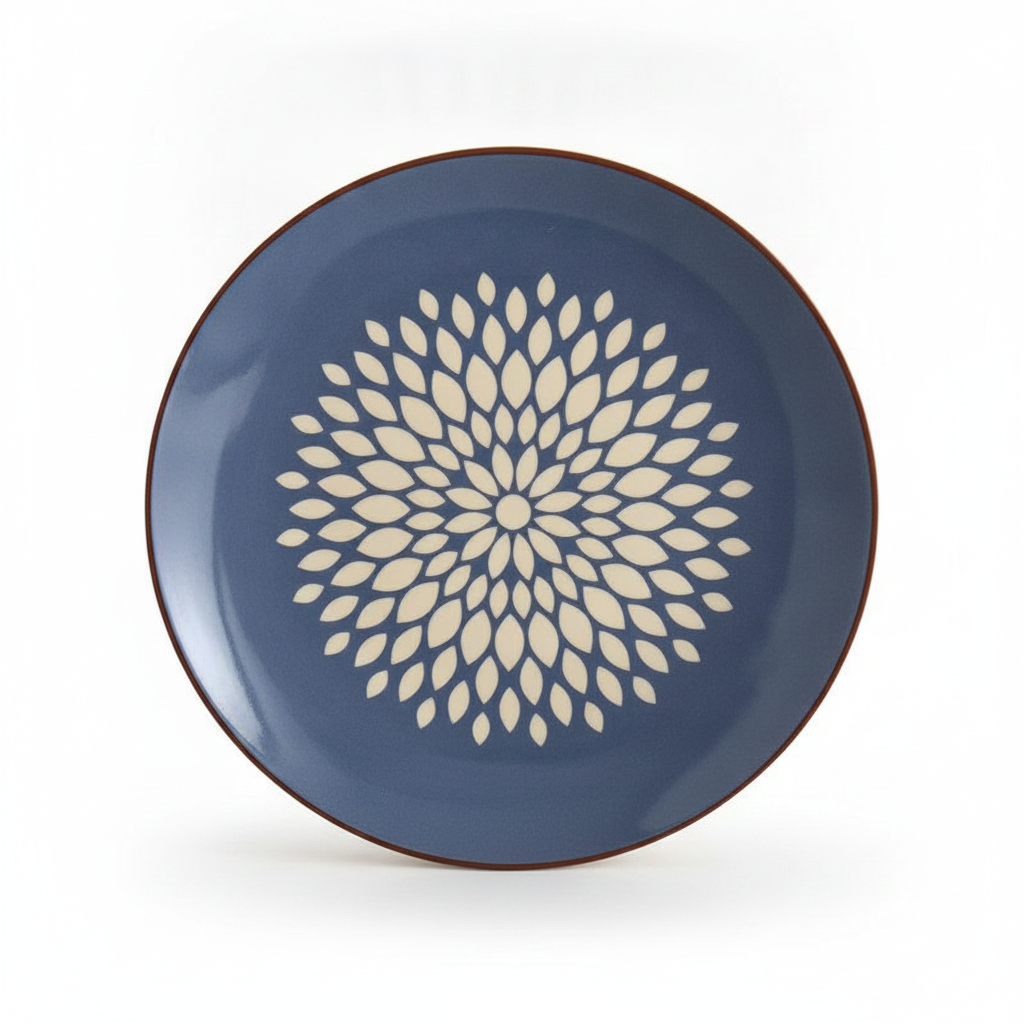 Slate-blue decorative ceramic wall plate with cream petal-burst medallion