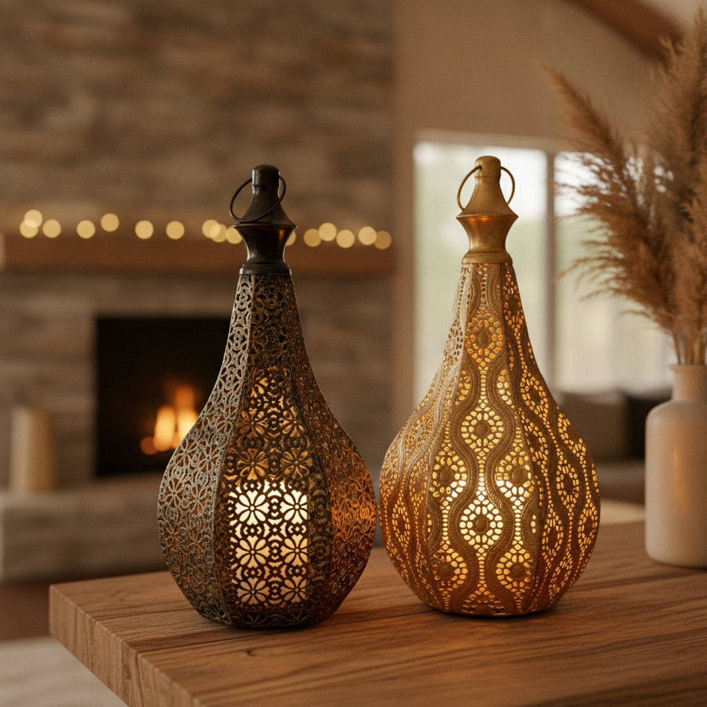 Two Foratura Moroccan lanterns glowing together on a styled mantel