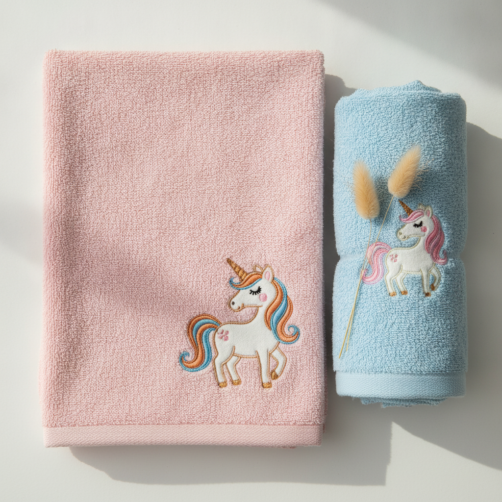 Pink and blue unicorn embroidered cotton towels styled as a gift set