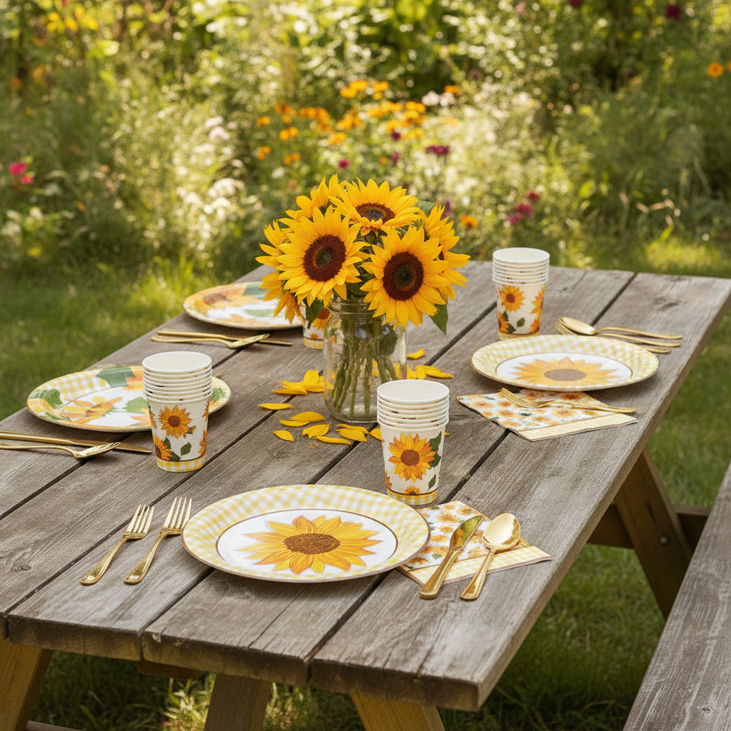Outdoor summer party tablescape set with sunflower paper plates, cups and napkins