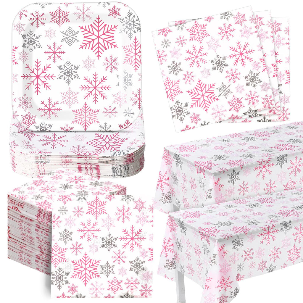 Pink Snowflake Party Plates & Napkins Set, 102 Pieces