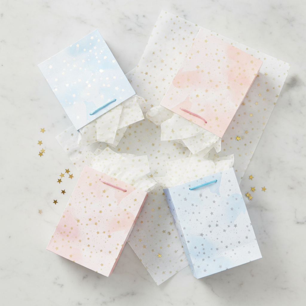 Overhead flat-lay of four pastel watercolor star gift bags with gold confetti